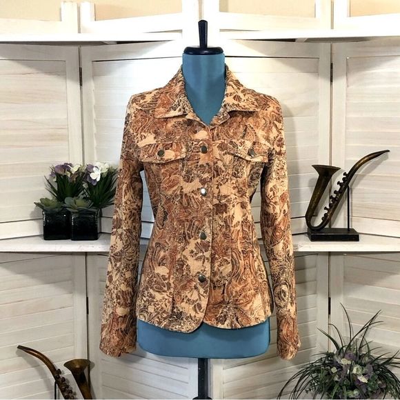 Vintage Jackets & Blazers - Vintage Y2K 70s boho retro vibes paisley tan rust orange cotton canvas jacket M